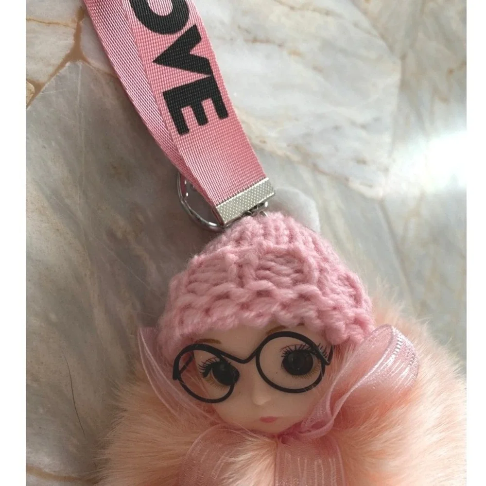 Pink Faux Fur Doll Keychain Charm with Glasses and LOVE Strap Accessory‎